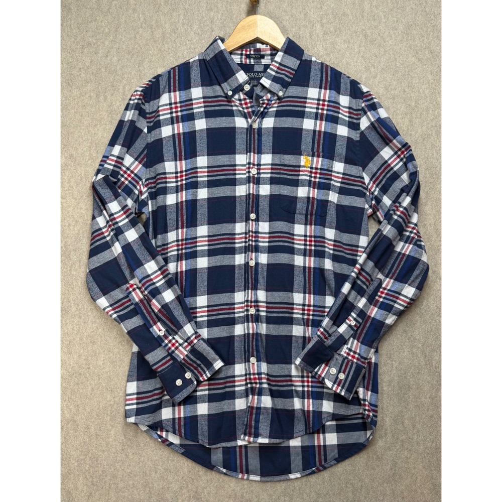 US Polo Assn Mens M Blue Red Plaid Stretch Button Down Long Sleeve Shirt Preppy - Picture 2 of 7